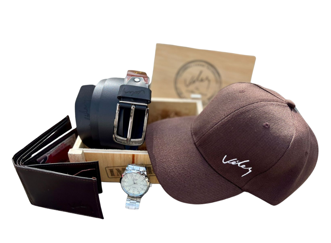 Kit VÉLEZ Hombre 5 en 1 – Reloj + Billetera + Correa + Gorra + Caja de Regalo