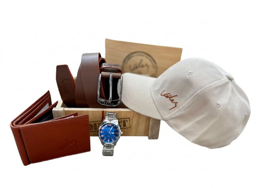Kit VÉLEZ Hombre 5 en 1 – Reloj + Billetera + Correa + Gorra + Caja de Regalo