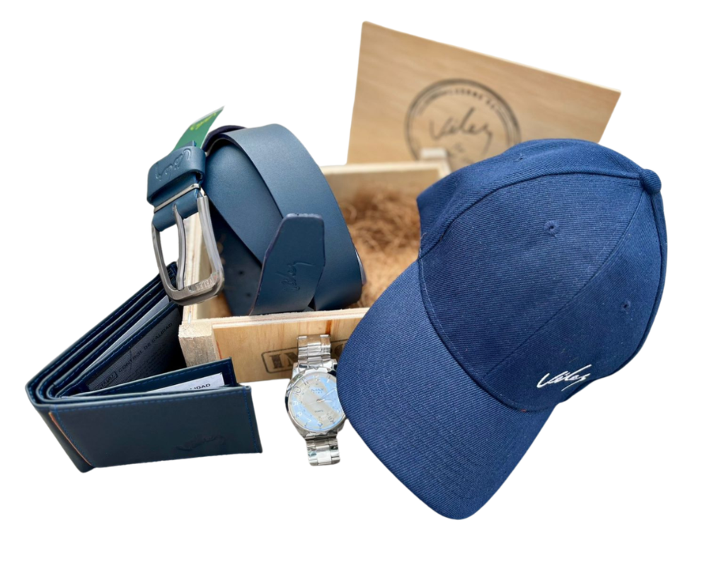 Kit VÉLEZ Hombre 5 en 1 – Reloj + Billetera + Correa + Gorra + Caja de Regalo