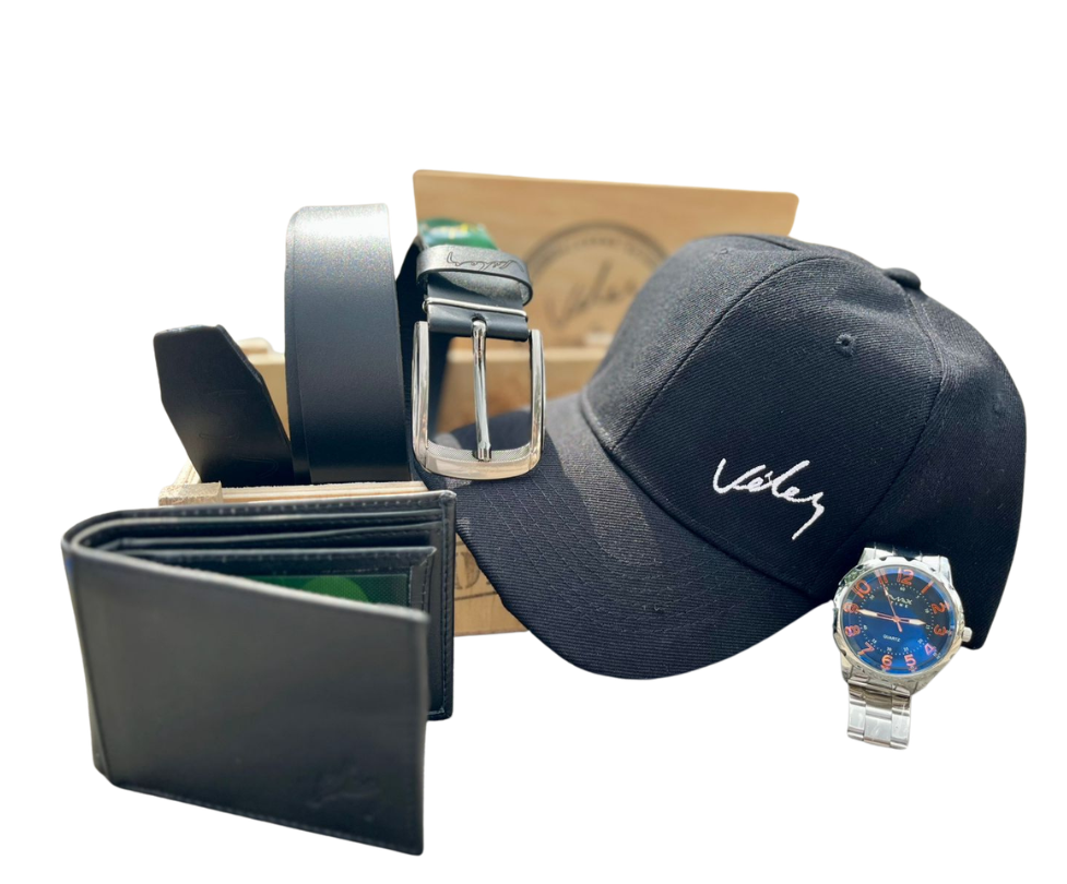 Kit VÉLEZ Hombre 5 en 1 – Reloj + Billetera + Correa + Gorra + Caja de Regalo